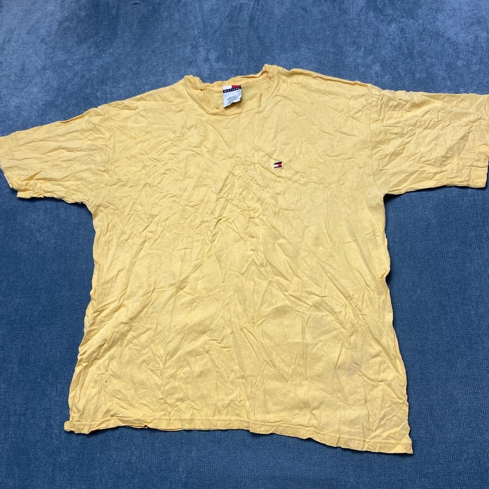 Vintage Tommy Hilfiger T-Shirt Mens XL Yellow Short Sleeve Crew Neck Regular Fit